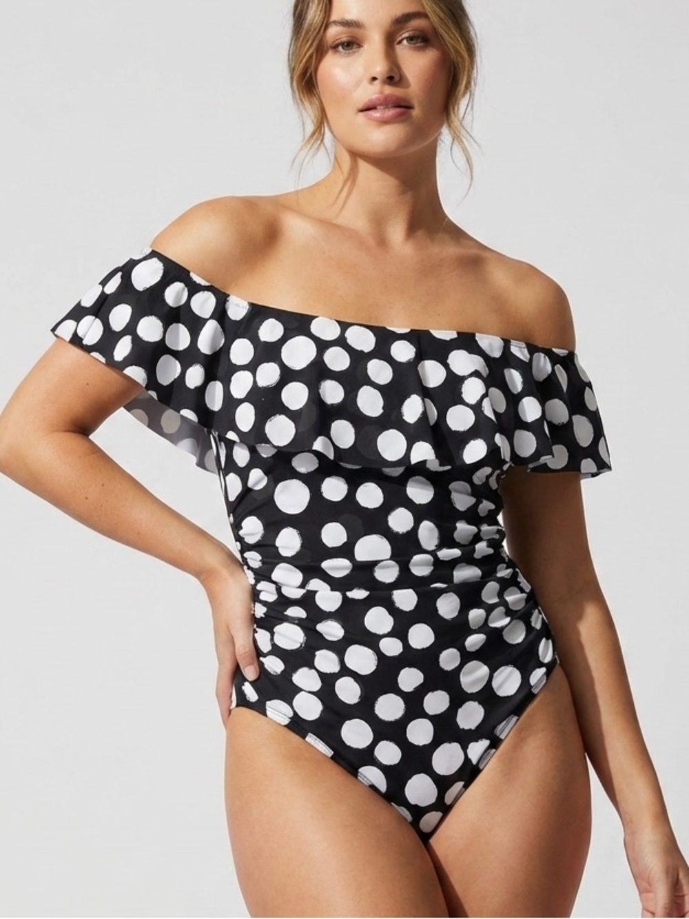 La Blanca Off-The-Shoulder Polka Dot Ruffle One-Piece Swimsuit